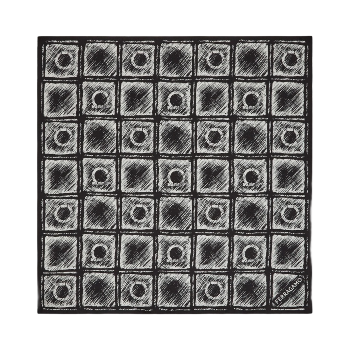 310160-771428 (W) Ferragamo Graffiti Print Silk Foulard Black Ivory