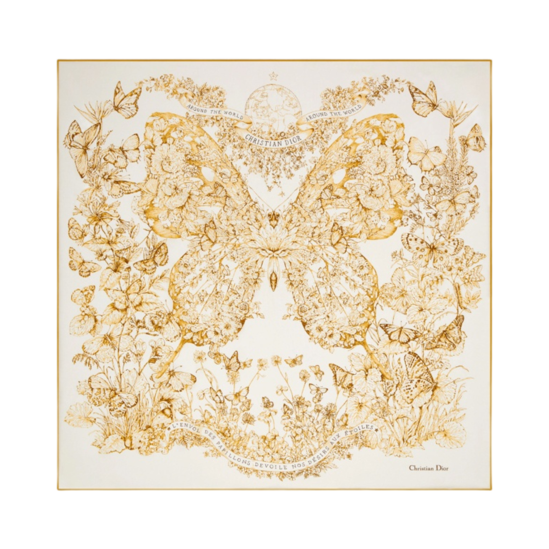 (W) 디올 버터플라이 어라운드 더 월드 90 스퀘어 스카프 화이트 골드 톤 실크 트윌((W) Dior Butterfly Around The World 90 Square Scarf White Gold Tone Silk Twill) - 1