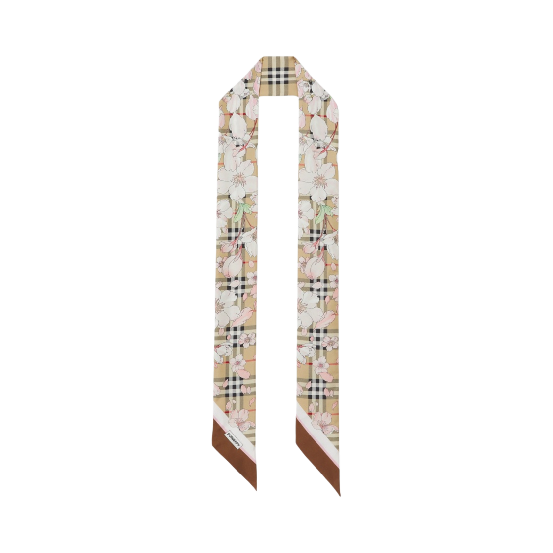 버버리 플로랄 체크 프린트 실크 스키니 스카프
