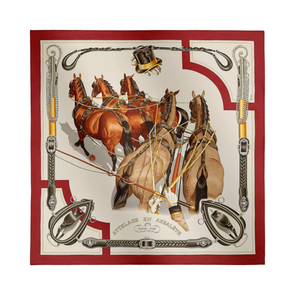 H001554S04 Hermes Attelage En Arbalete Forever Scarf 90 Rouge Cuit Grege Alezan