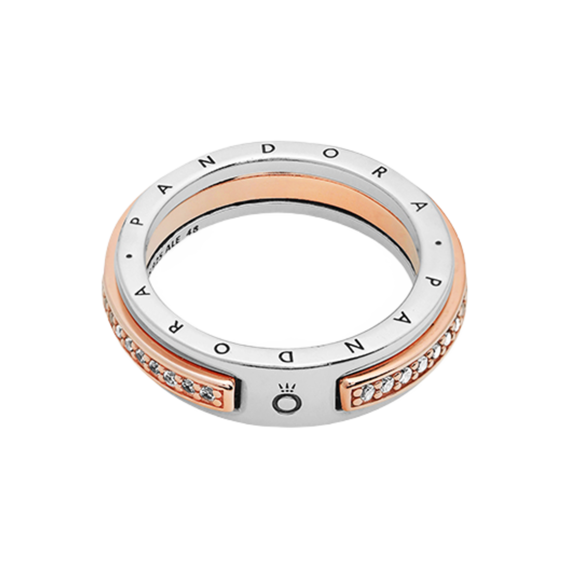 (W) 판도라 시그니쳐 투톤 로 & 파베 링 스털링 실버 로즈 골드 플래팅 클리어