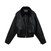(W) Bohemian Seoul Crinkled Leather Fur Blouson Jumper Black