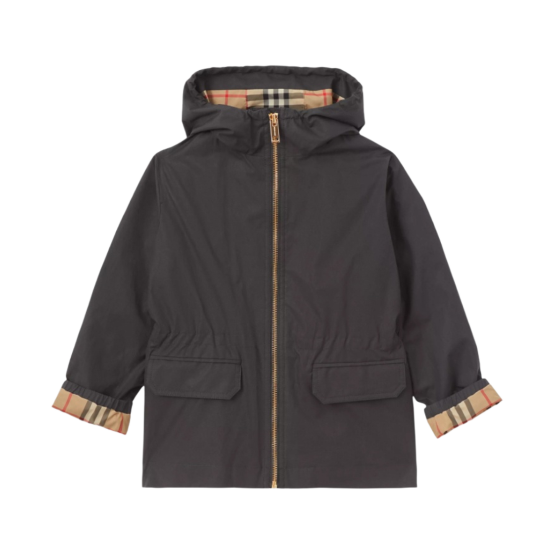 (키즈) 버버리 빈티치 체크 라인드 코튼 후드 자켓 블랙((Kids) Burberry Vintage Check-Lined Cotton Hooded Jacket Black) - 1