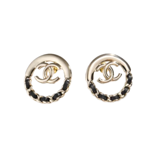 (W) Chanel Leather Round CC Earrings Metal & Gold
