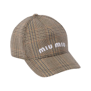 (W) Miu Miu Prince of Wales Checked Wool Baseball Cap Tobacco