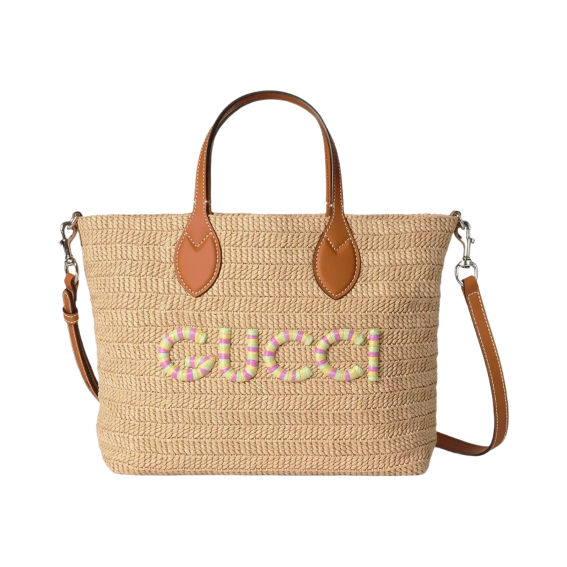 구찌 스몰 토트백 구찌 패치 내츄럴 스트로우 이펙트 라피아 비스코스(Gucci Small Tote Bag with Gucci Patch Natural Straw Effect Raffia Viscose) - 1