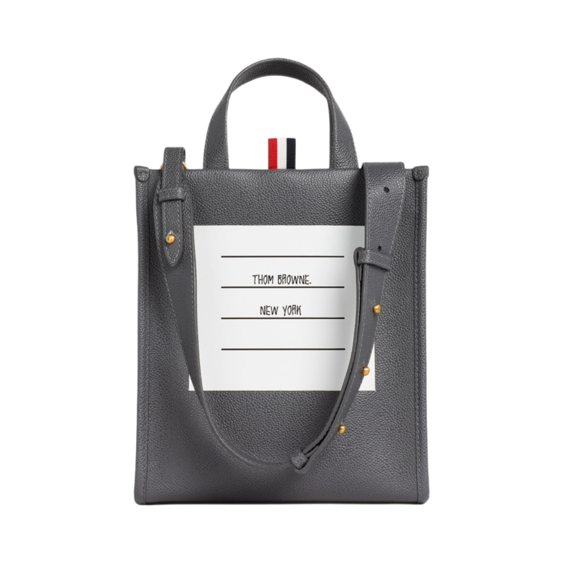 톰브라운 페블 그레인 레더 페이퍼 라벨 스몰 스퀘어드 토트백 다크