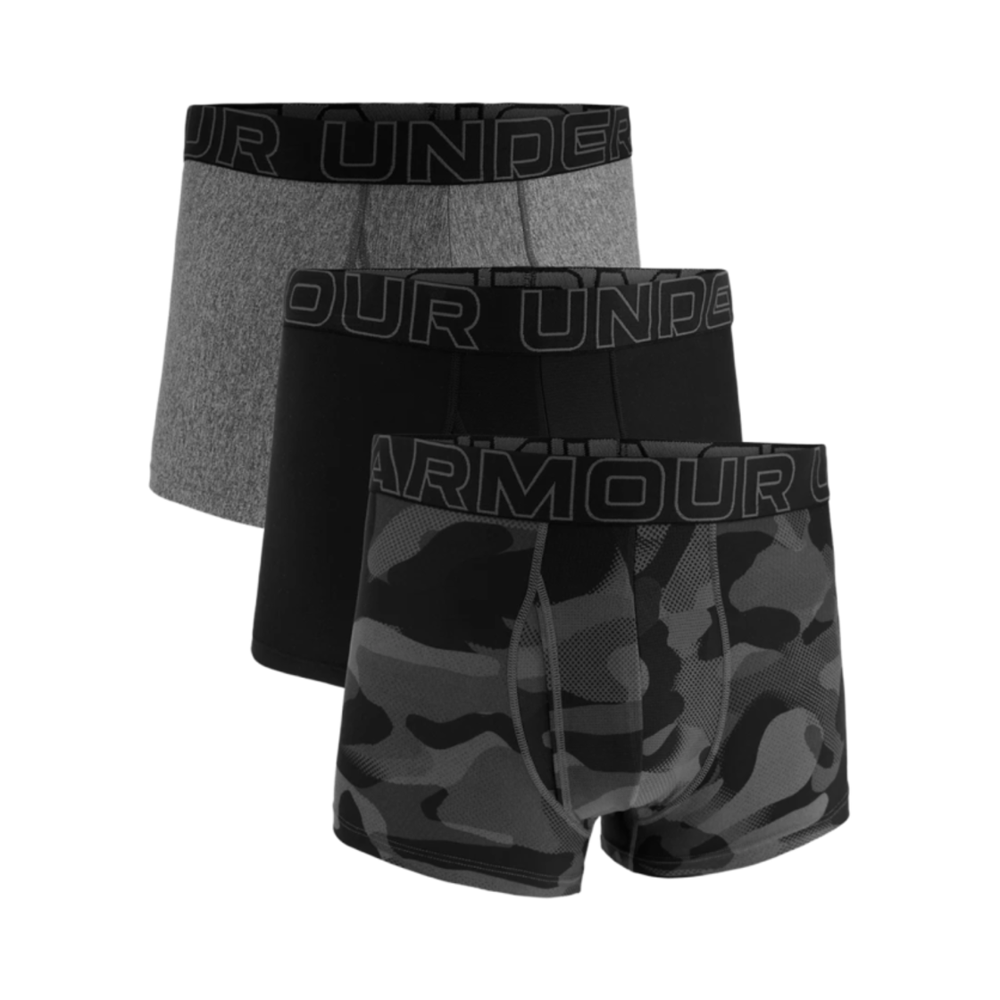 1383883-001 Under Armour Performance Tech Printed 3 Inch Boxerjock Black Gray (3 Pack)