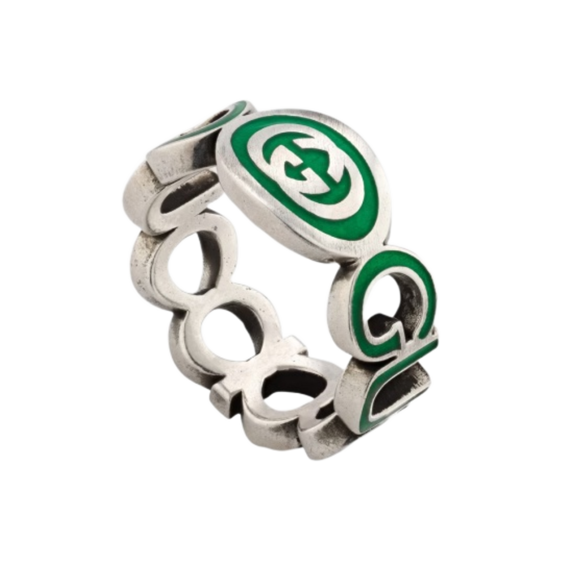 753640-J8410-8414 Gucci Interlocking G Enamel Ring Silver Green Enamel - 대표 이미지 #1