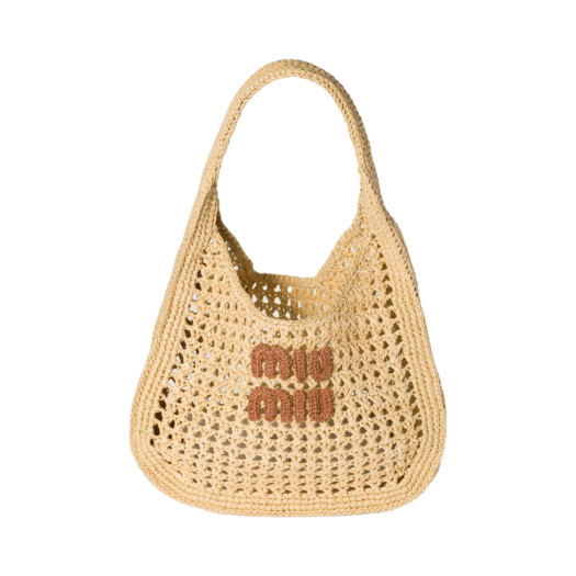 Miu Miu Raffia Effect Woven Hobo Bag Beige Cognac