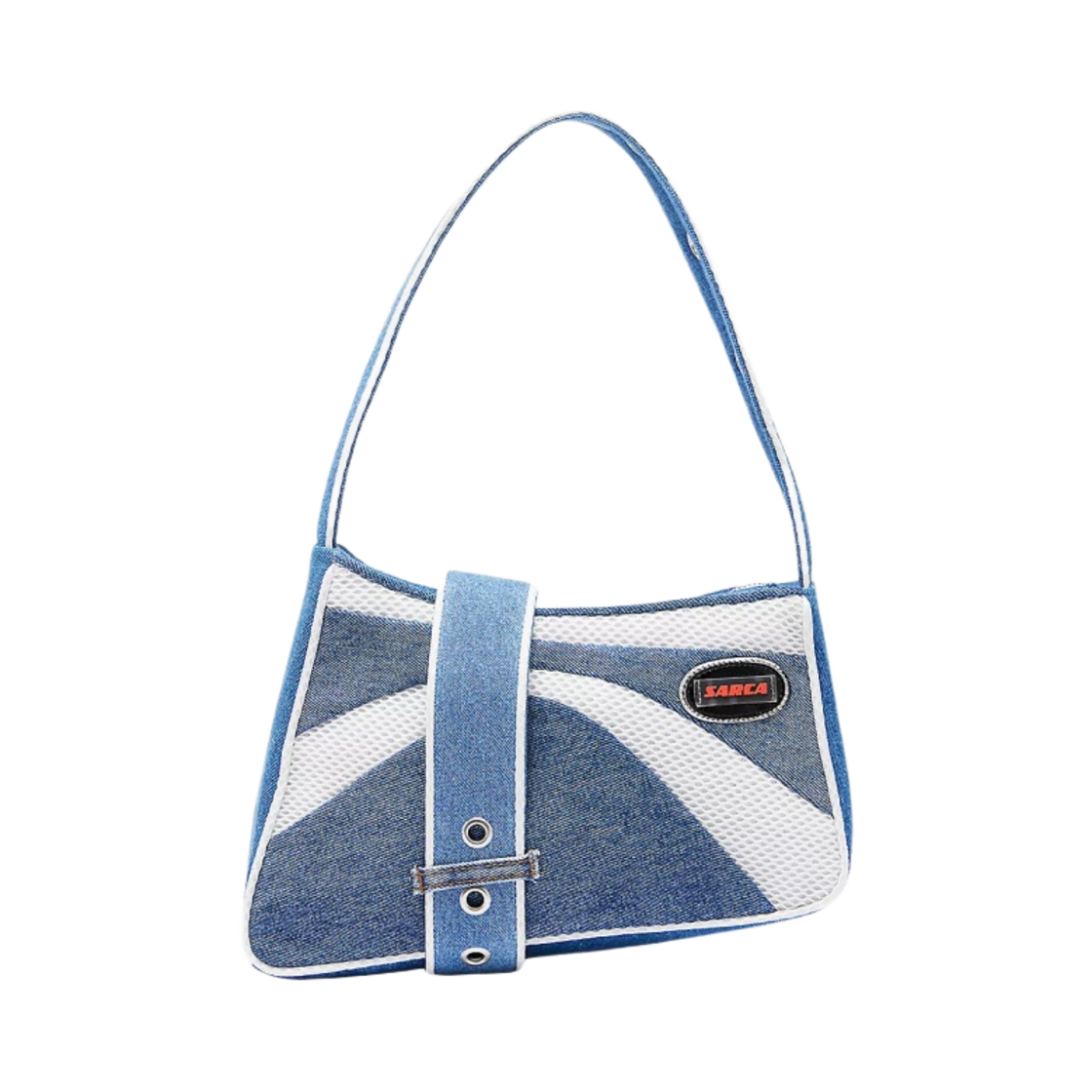 안쿠타 사르카 새들 버클 리사이클 데님 숄더백 블루 화이트 - 셀프리지 한정(Ancuta Sarca Saddle Buckle Recycled Denim Shoulder Bag Blue White -Selfridges Exclusive)