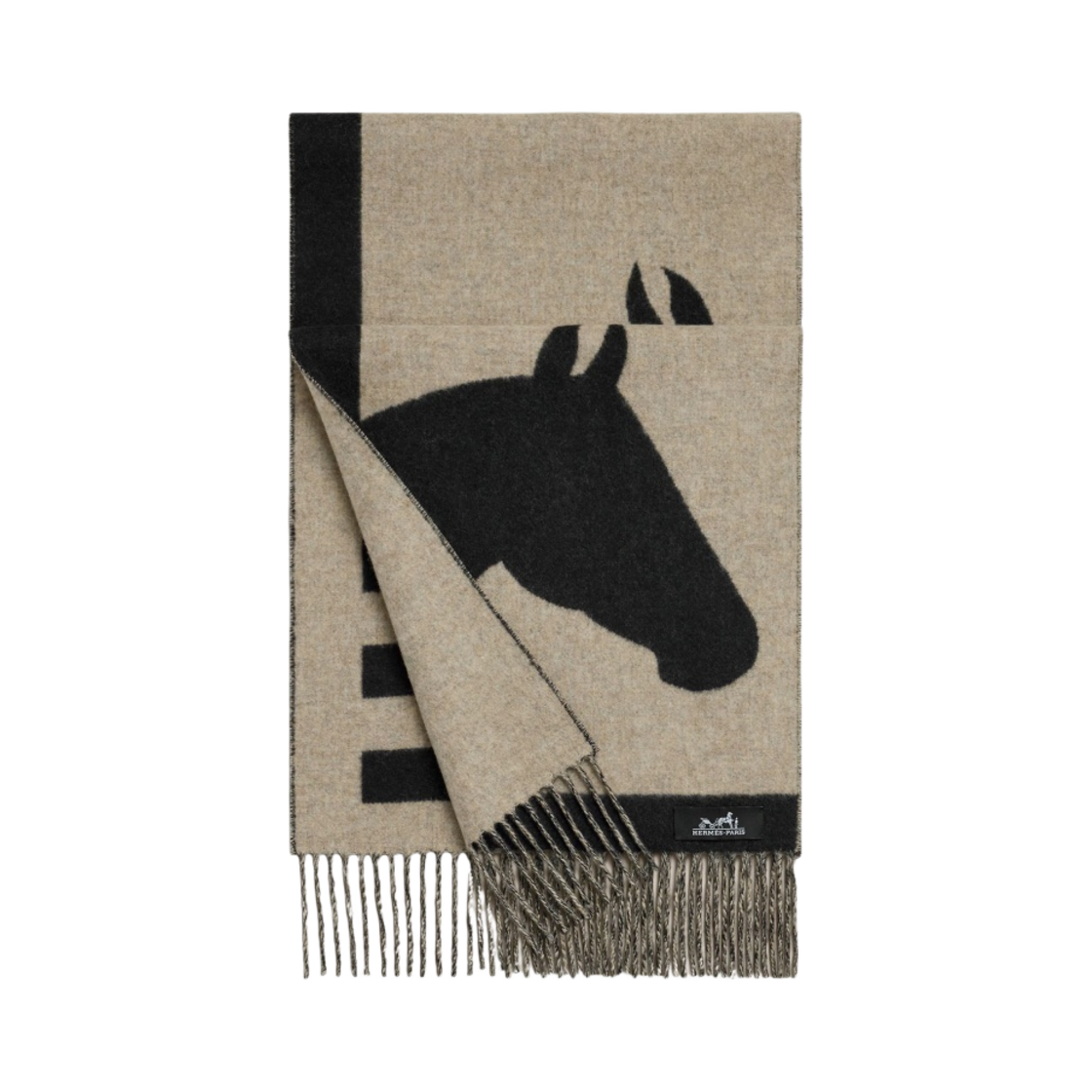 H254043S01 (W) Hermes Casaque Love Story Muffler Noir Beige Chine