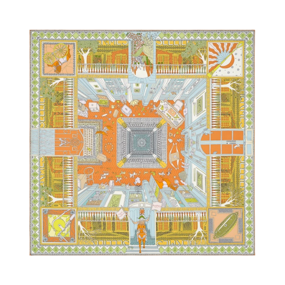 (W) 에르메스 오브젝트 드 큐리오시떼 스카프 90 포티론 베르 블루 글라시에((W) Hermes Objets de Curiosite Scarf 90 Potiron Vert Bleu Glacier) - 1