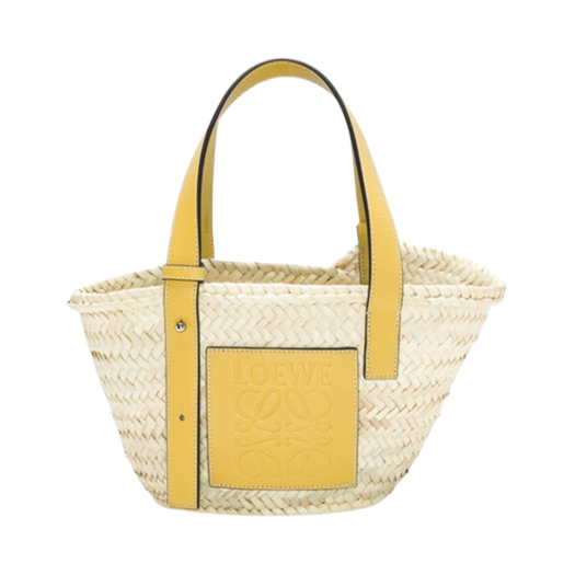 Loewe Small Basket Bag In Palm Leaf and Calfskin Dark Yellow