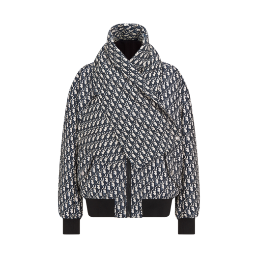 (W) Dior Bomber Jacket With Criss Cross Collar Blue Ecru Technical Taffeta Jacquard Oblique Motif