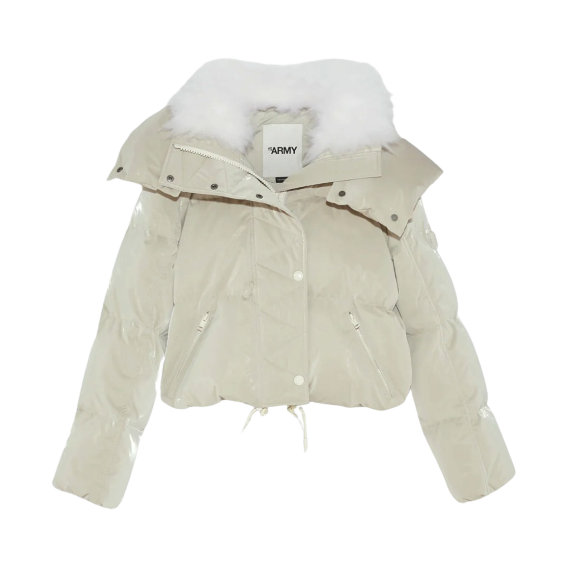 24WFV02650T06GA (W) Yves Salomon Cropped Down Jacket in Water-Repellent Glossy Technical Fabric with Fluffy Lambswool Collar Trim Beige
