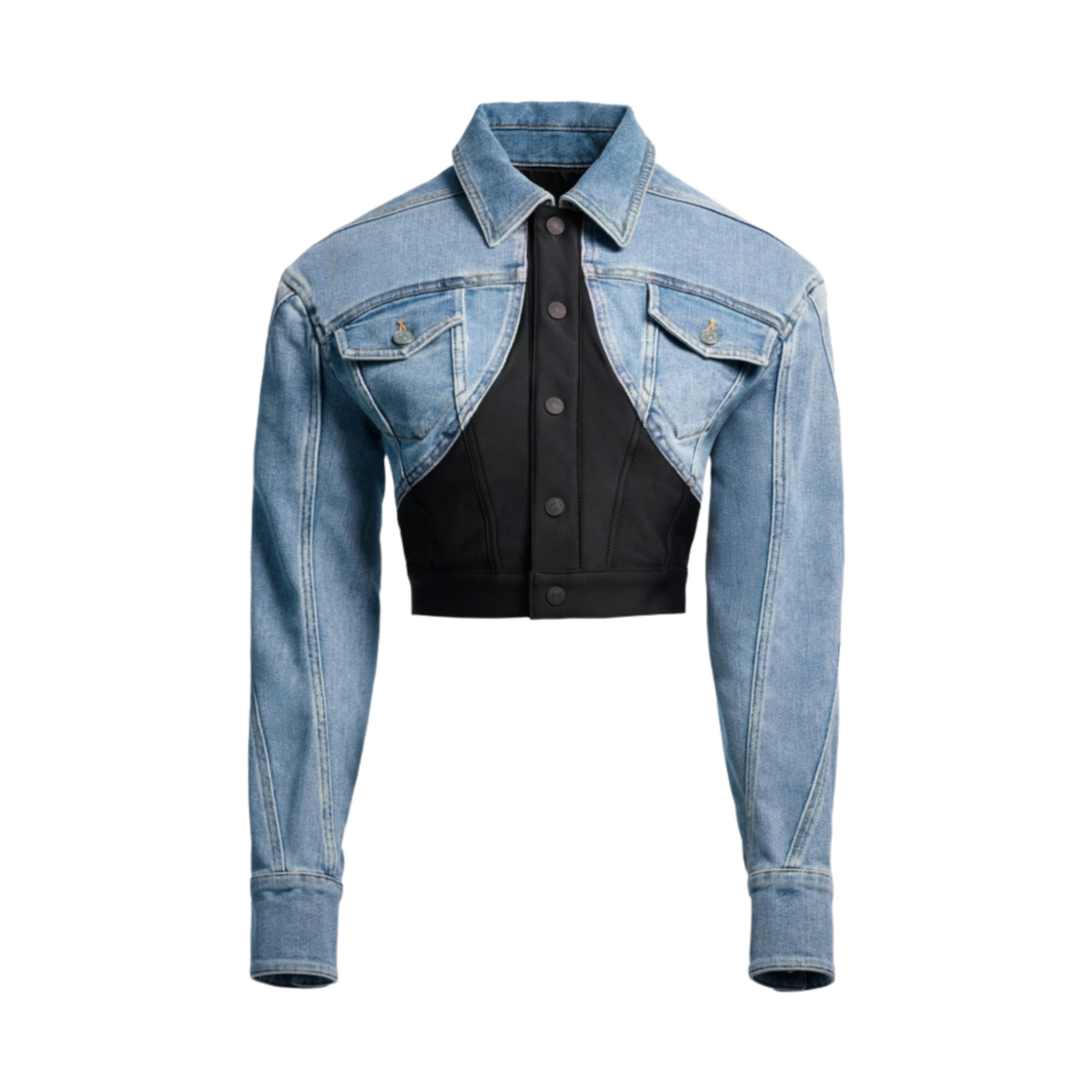 (W) 에이치앤엠 x 뮈글러 디파인드 웨이스트 데님 크롭 자켓 라이트 데님 블루 블랙((W) H&M x Mugler Defined Waist Denim Crop Jacket Light Denim Blue Black)