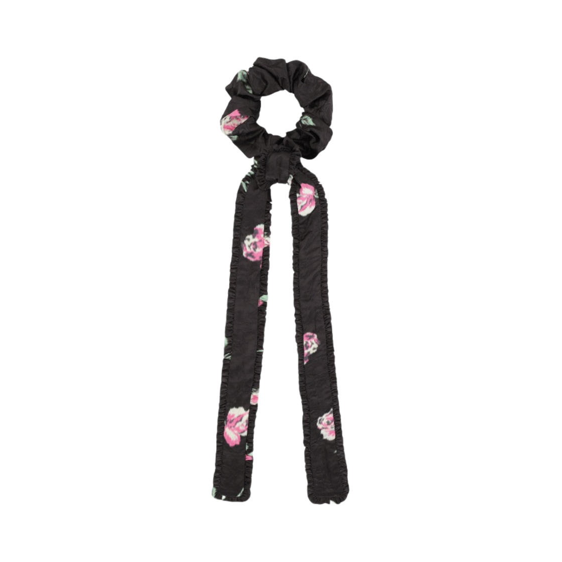 (W) 가니 크링클드 사틴 프릴 보우 스크런치 블랙((W) Ganni Crinkled Satin Frill Bow Scrunchie Black) - 1