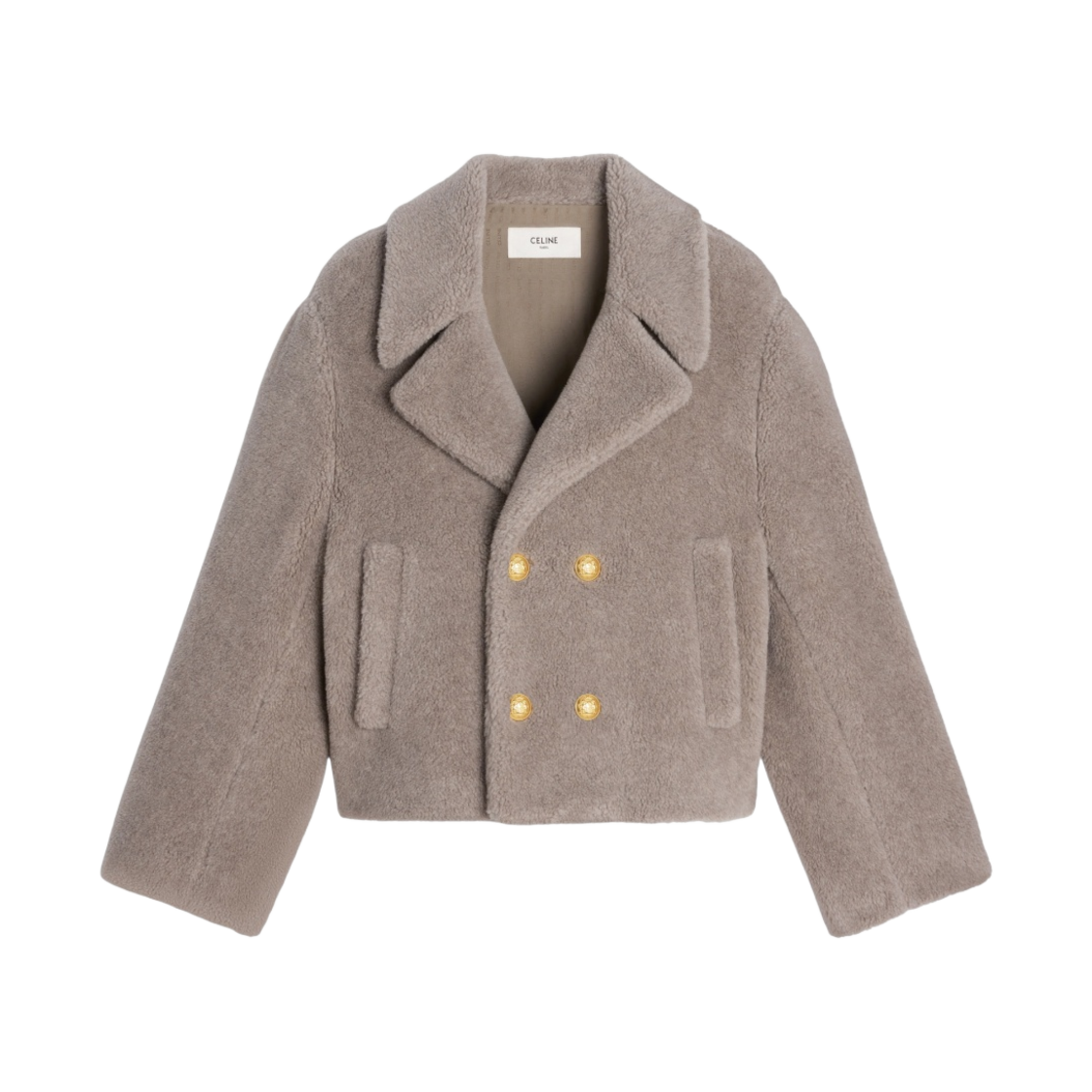 (W) 셀린느 퍼 이펙트 실크 울 크롭 피코트 토프((W) Celine Cropped Peacoat in Fur Effect Silk Wool Taupe) - 1