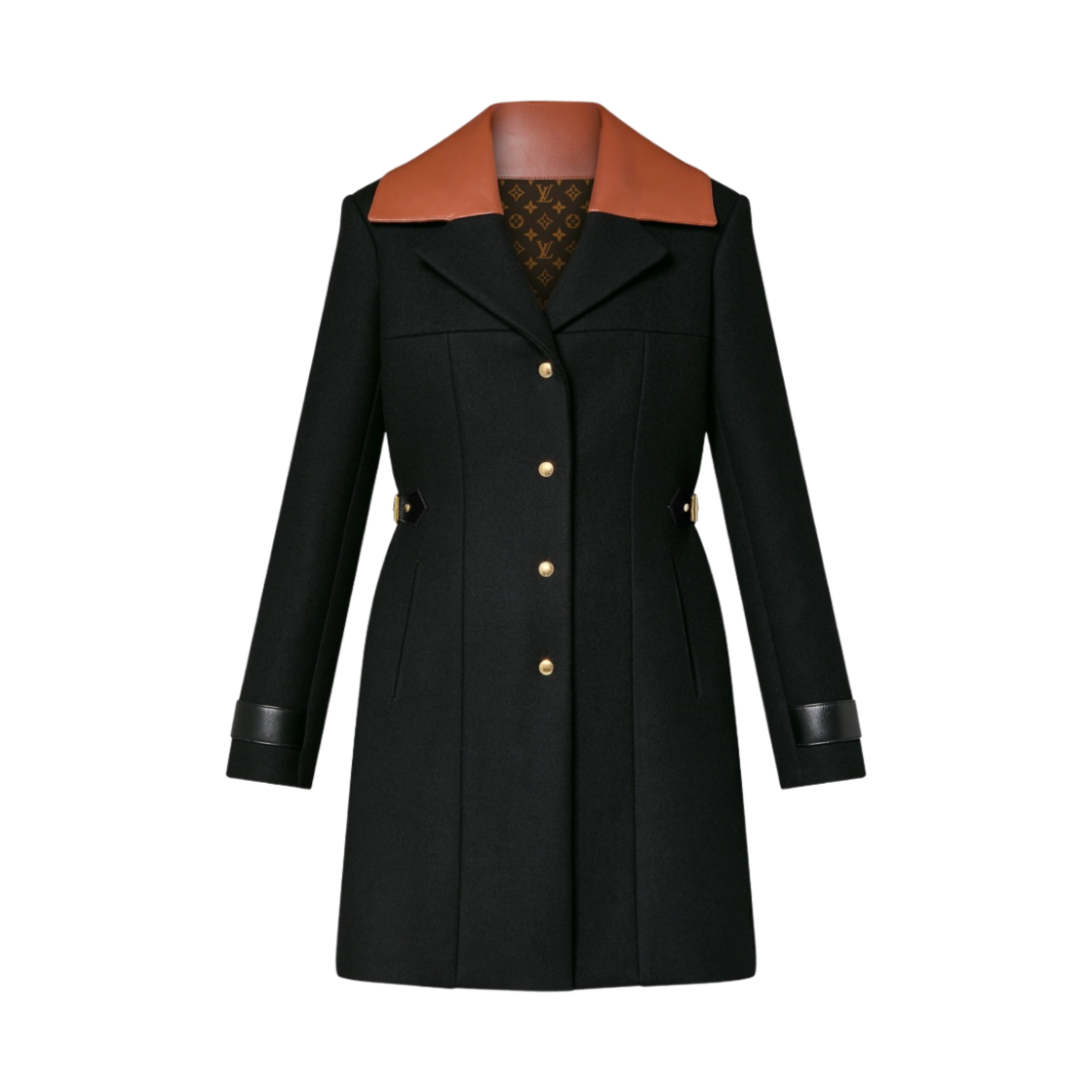 (W) 루이비통 레더 인서트 A-라인 코트 블랙((W) Louis Vuitton Leather Insert A Line Coat Black) - 1
