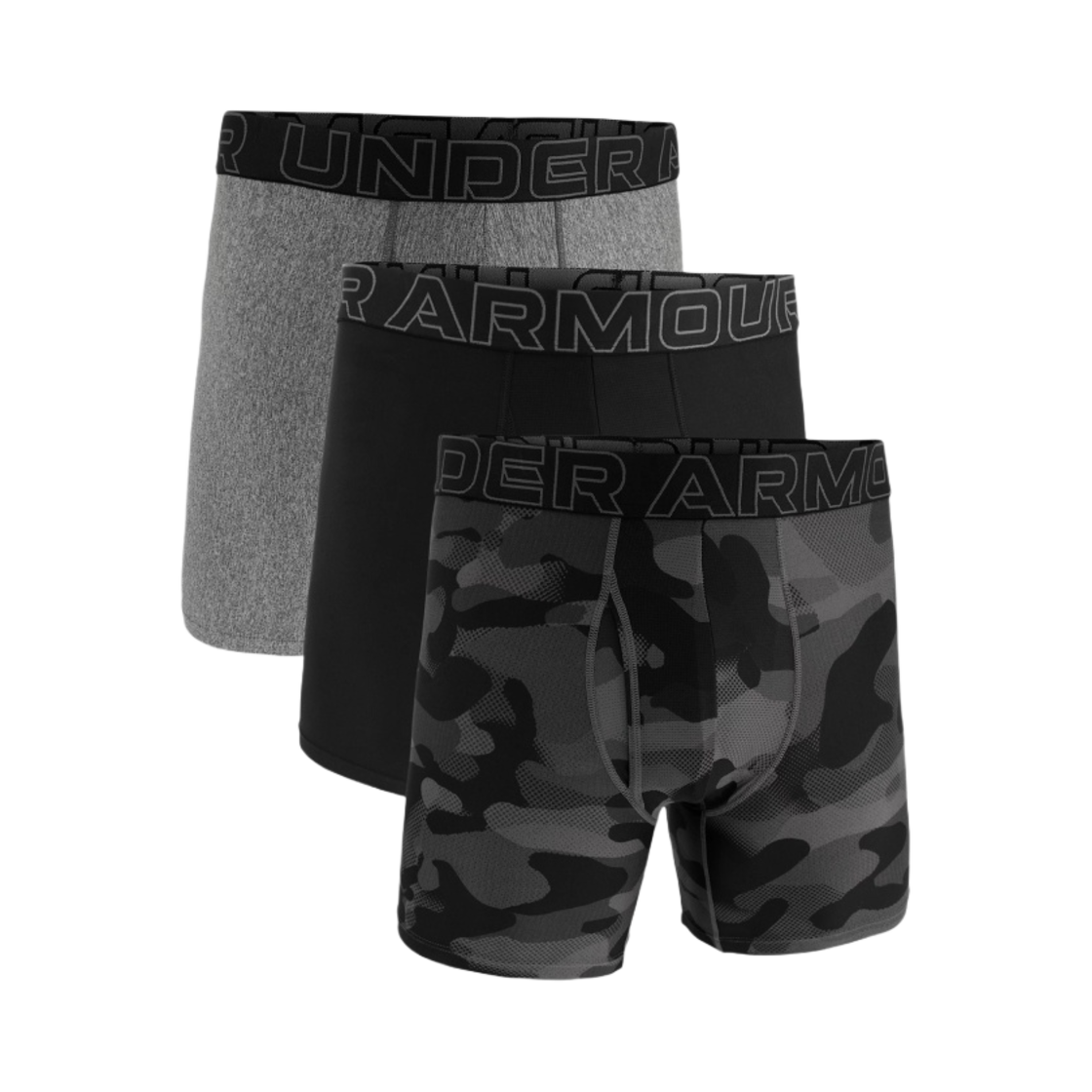 1383879-001 Under Armour Performance Tech 6 Inch Boxerjock Black Castlerock (3 Pack)