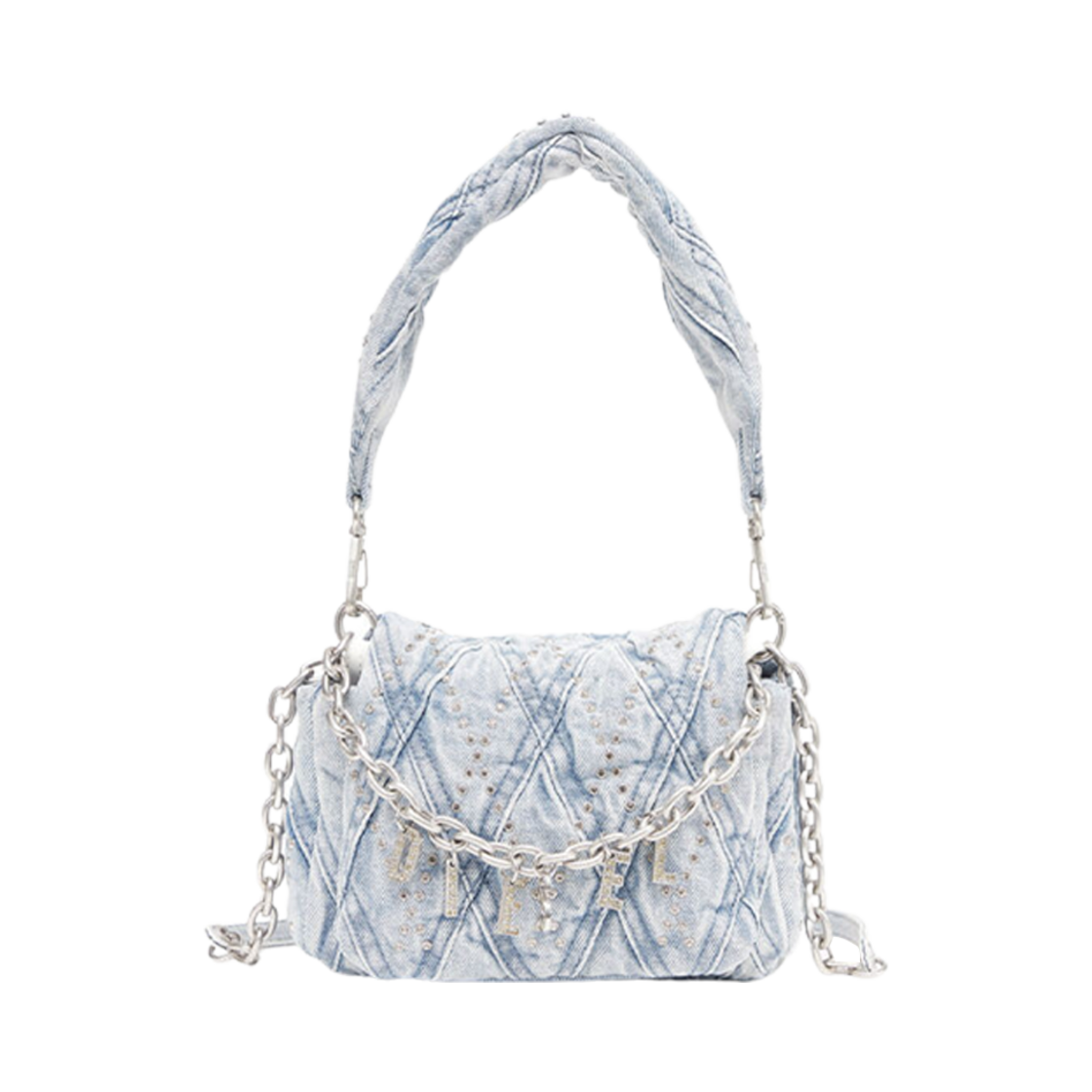 (W) 디젤 참-D 숄더 S - 스몰 데님 숄더백 크리스탈 라이트 블루((W) Diesel Charm-D Shoulder S - Small Denim Shoulder Bag with Crystals Light Blue) - 1