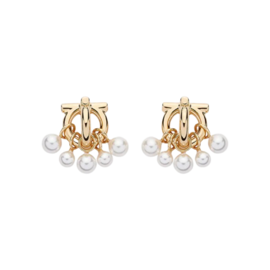 (W) Ferragamo Gancini Earrings Brass Glass & Gold