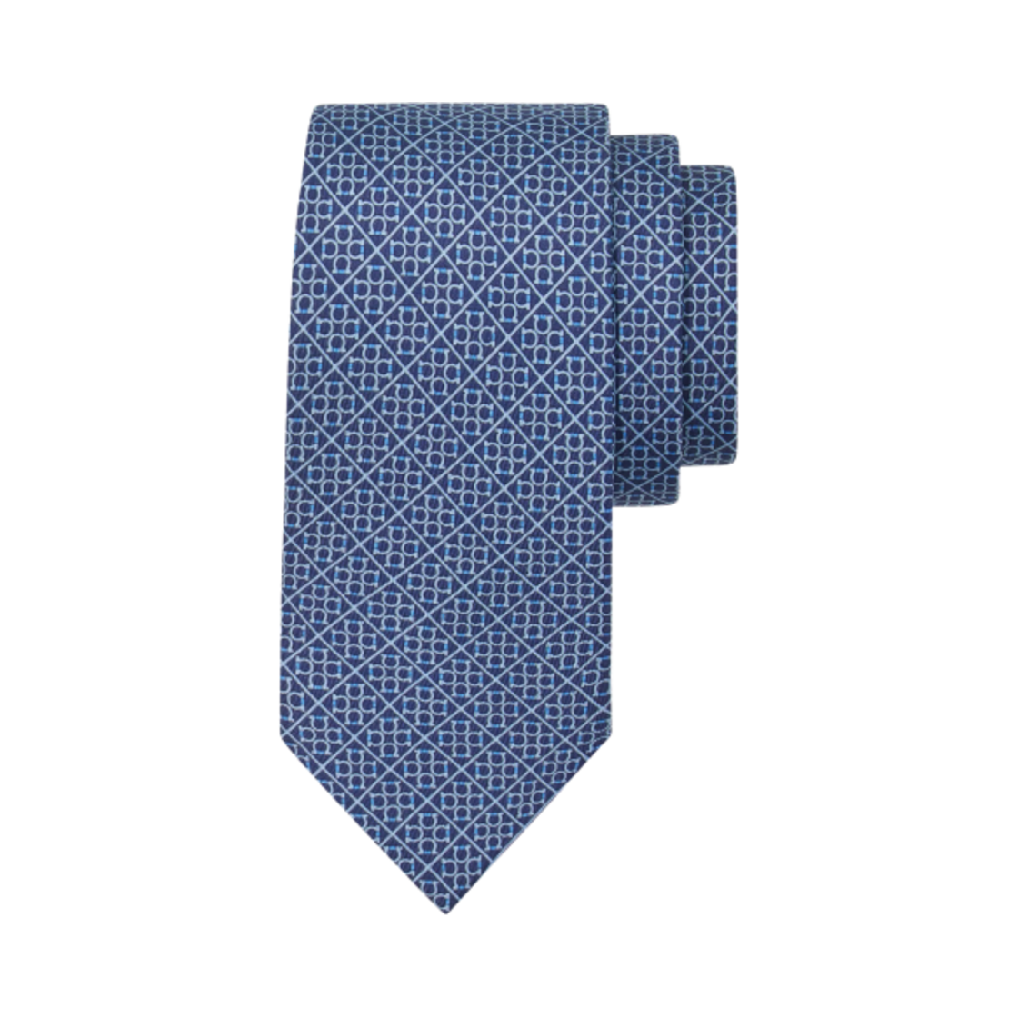 351218-778576 Ferragamo Square Gancini Print Silk Tie Blue Marine