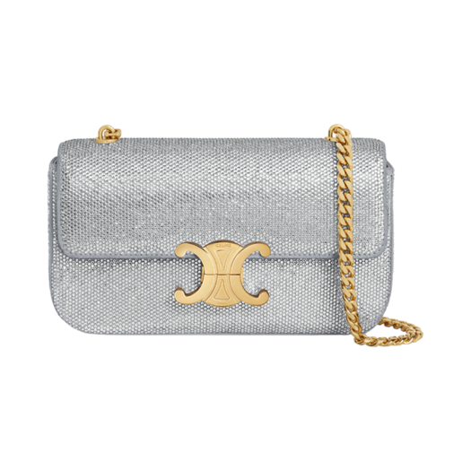 Celine Chain Shoulder Bag Claude in Suede Calfskin with Strass Silver