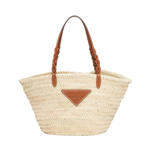 Prada Woven Palm and Leather Tote Bag Beige Cognac