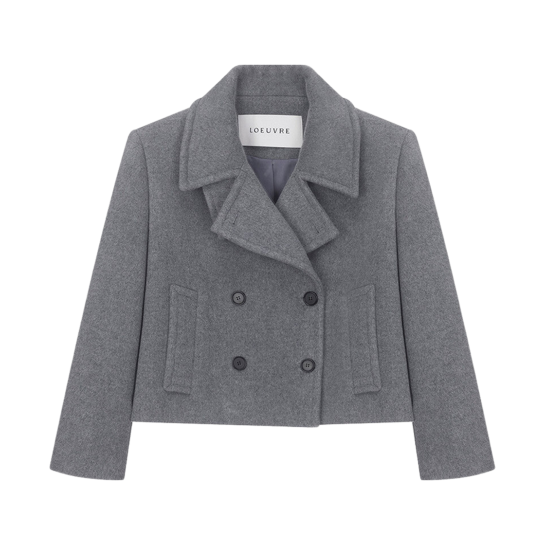 (W) 루에브르 크롭 울 프린지 피 코트 멜란지 그레이((W) Loeuvre Cropped Wool Fringe Pea Coat Melange Grey)