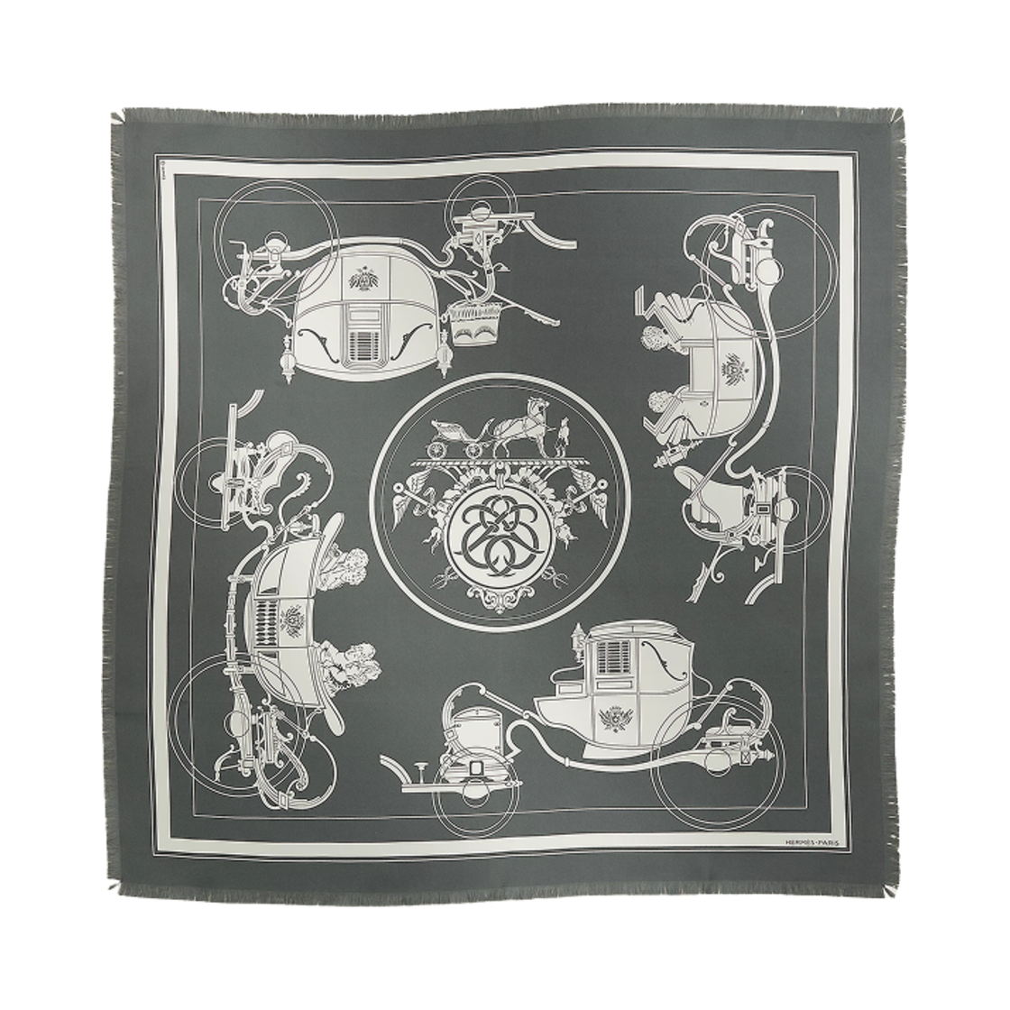 (W) 에르메스 엑스-리브리 프린지 스카프 80 그리 블랑((W) Hermes Ex-Libris Fringed Scarf 80 Gris Blanc) - 1