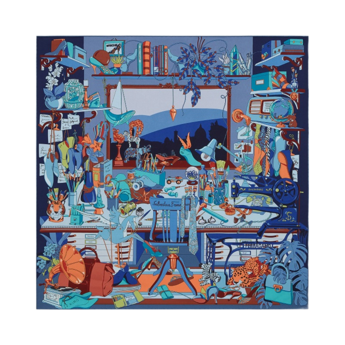 310073-747596 (W) Ferragamo Studio Print Silk Foulard Blue Avian Blue Orange