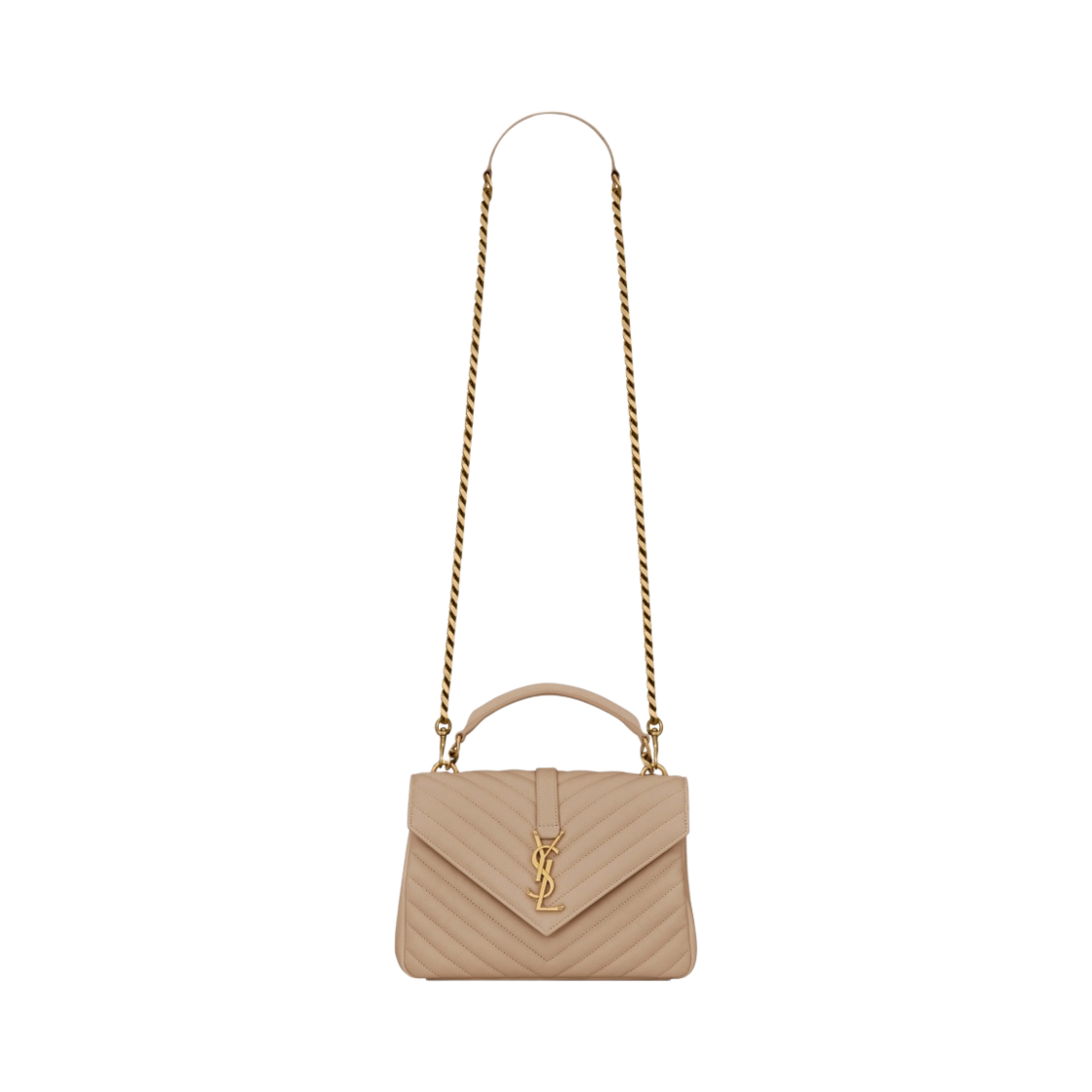 600279-BRM07-2721 Saint Laurent College Medium Chain Bag in Quilted Leather Dark Beige