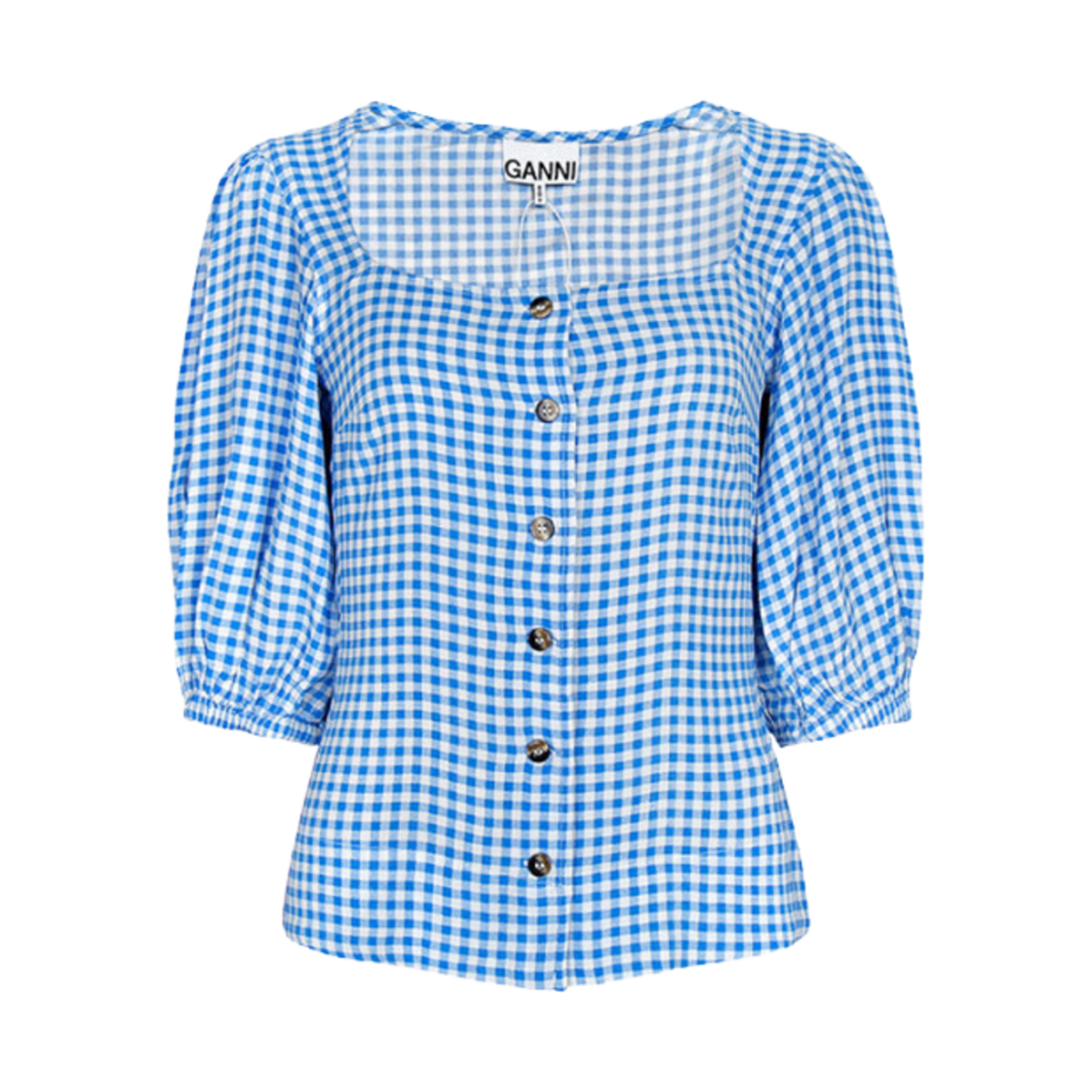 (W) 가니 버튼 스모크 체크 블라우스 블루