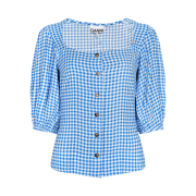 (W) Ganni Burton Smock Check Blouse Blue
