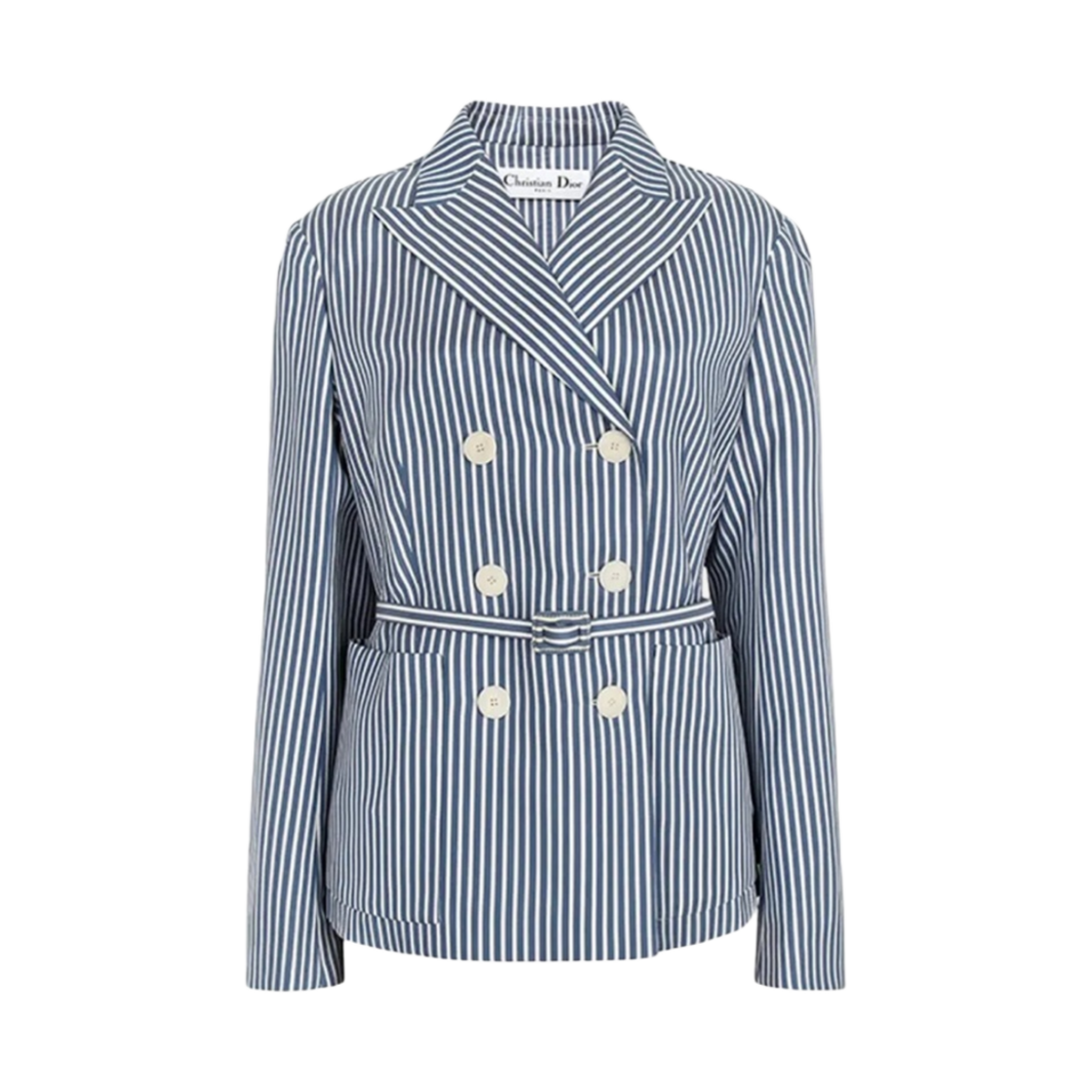 211V16A7150-X5802 (W) Dior Marlene Belted Jacket Blue and White Striped Silk and Cotton