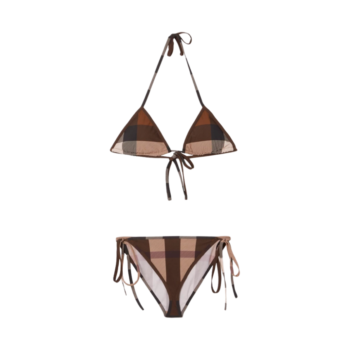(W) 버버리 이그재저레이트 체크 스트레치 나일론 트라이앵글 비키니 다크 버치 브라운((W) Burberry Exaggerated Check Stretch Nylon Triangle Bikini Dark Birch Brown) - 1