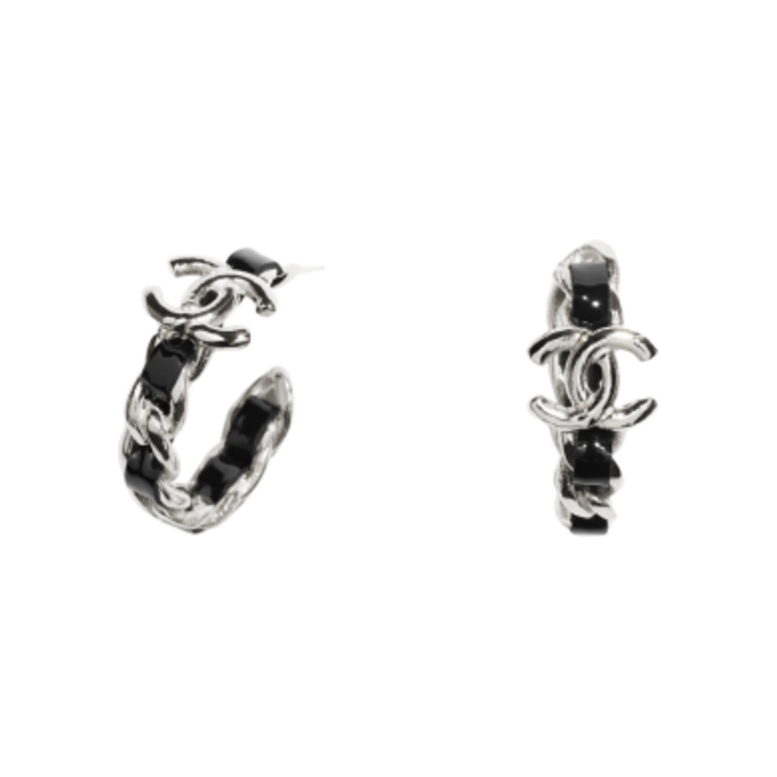 (W) 샤넬 후프 이어링 메탈 고트스킨 & 실버 블랙((W) Chanel Hoop Earrings Metal Goatskin & Silver Black) - 1