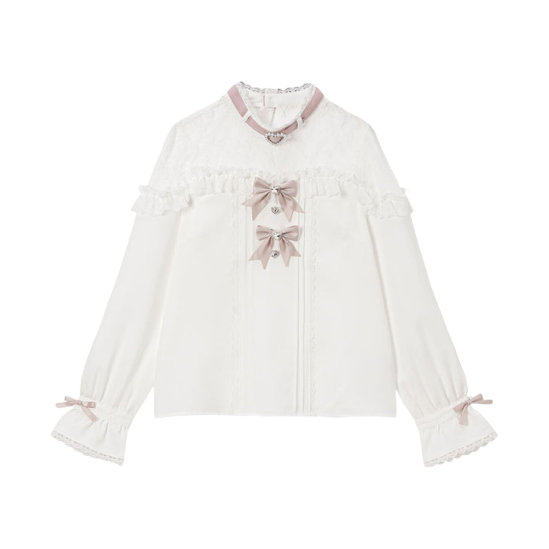 533910 (W) Dear My Love Heart Jewel Ribbon Off The Shoulder Lace Blouse White Pink