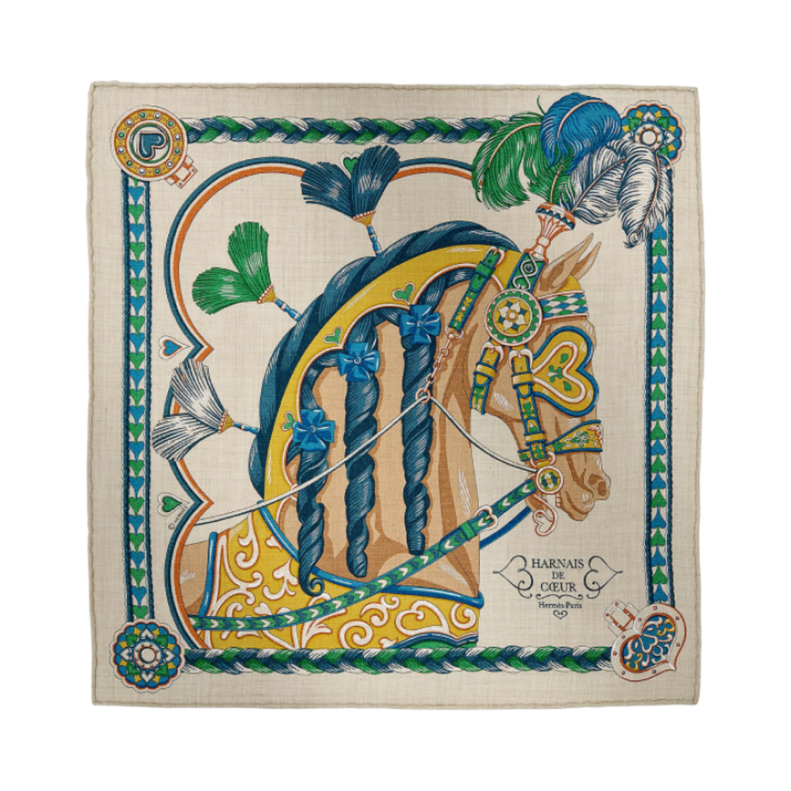 (W) 에르메스 아르네 드 꾀흐 스카프 45 나뛰렐 베르 블루((W) Hermes Harnais De Coeur Scarf 45 Naturel Vert Bleu) - 1