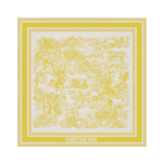 (W) Dior Dioriviera Toile de Jouy Sauvage 90 Square Scarf Silk Twill White Lemon Yellow