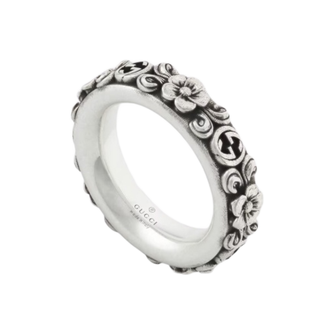 구찌 인터로킹 G 플라워 링 실버 에이지드 피니쉬(Gucci Interlocking G And Flower Ring Silver Aged Finish)