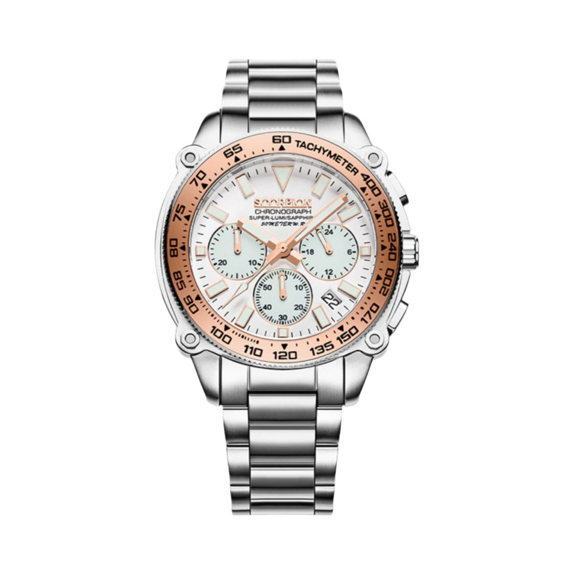 스콜피온 슈퍼루미 크로노그래프 메탈 워치 화이트 로즈 골드(Scorpion Super Lumi Chronograph Metal Watch White Rose Gold)