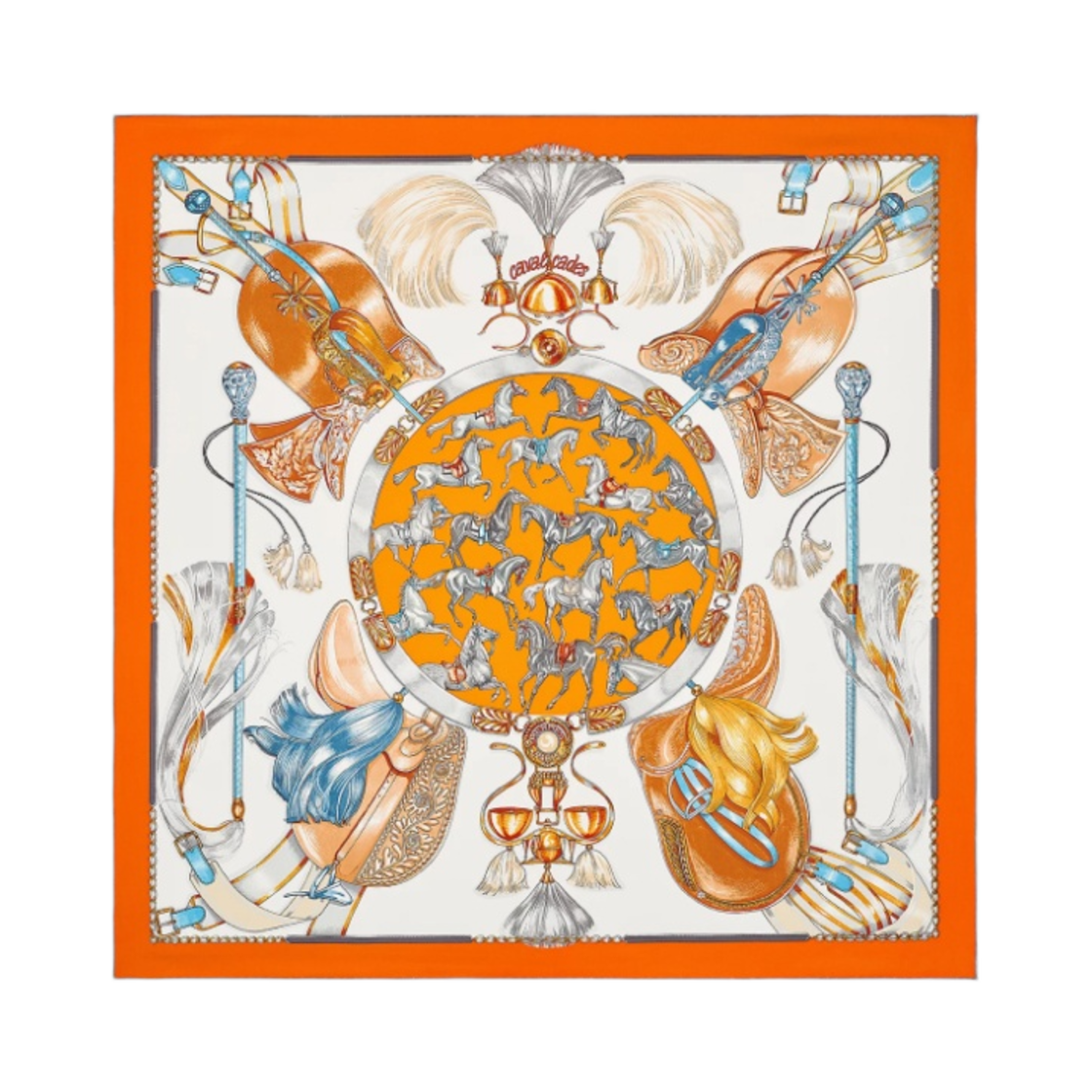 (W) 에르메스 카벨케이즈 스카프 90 오랑쥬 블랑 루이유((W) Hermes Cavalcades Scarf 90 Orange Blanc Rouille) - 1