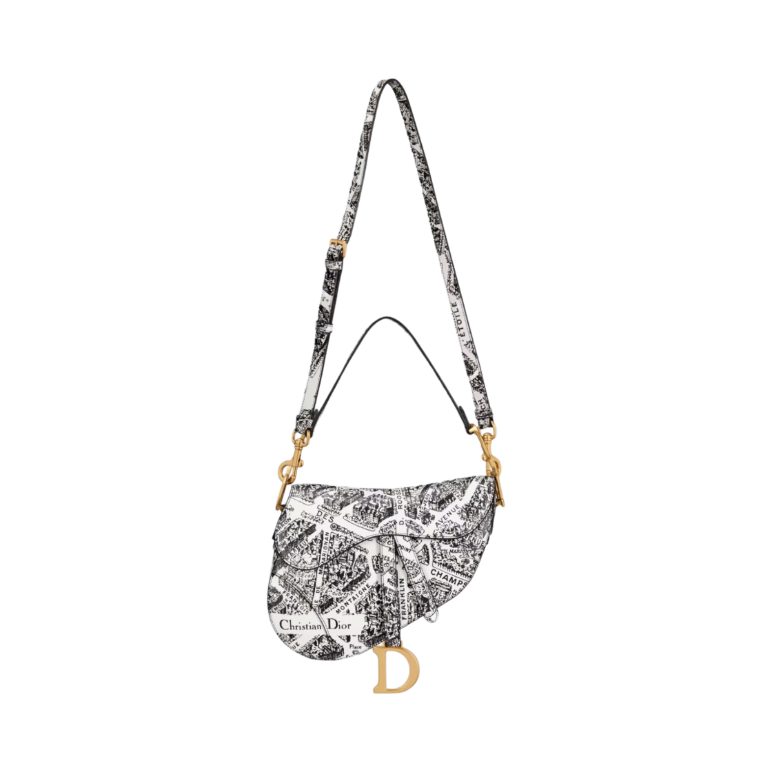 디올 스트랩 새들백 화이트 블랙 플랜 드 파리 프린트 카프스킨(Dior Saddle Bag with Strap White and Black Plan de Paris Printed Calfskin) - 4
