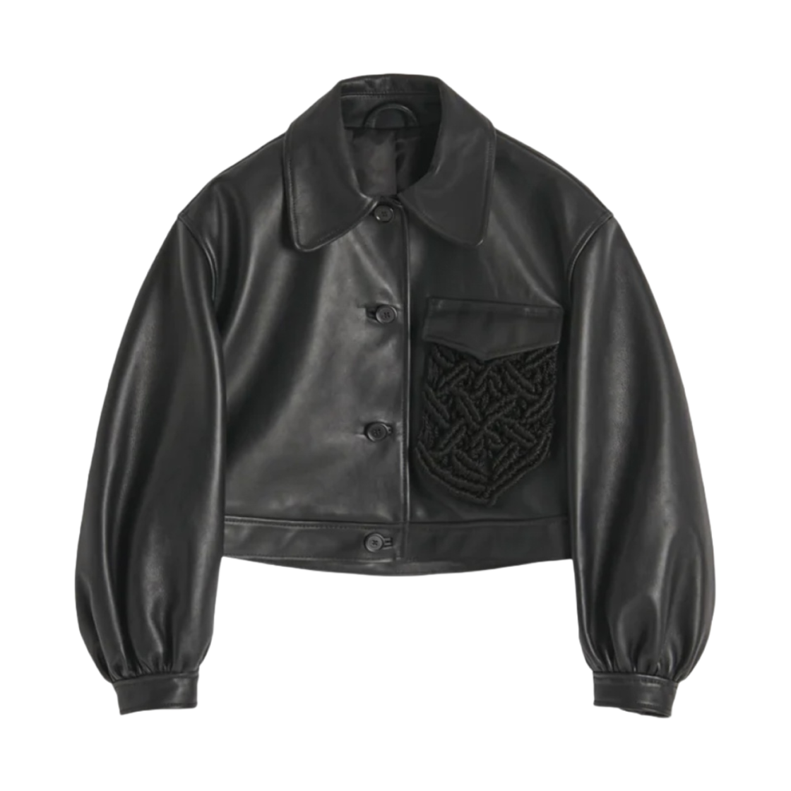 (W) 시몬 로샤 마크라메 크롭 레더 자켓 블랙((W) Simone Rocha Cropped Leather Jacket with Macrame Black)
