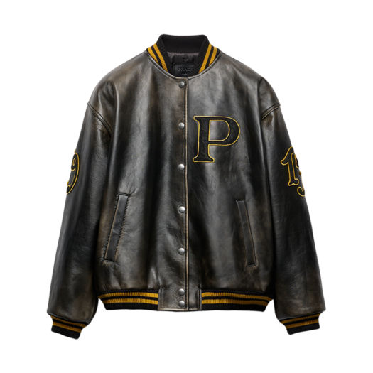 (W) Prada Leather Bomber Jacket with Patch Black