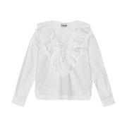 (W) Ganni Cotton Poplin Ruffle V-Neck Blouse Bright White