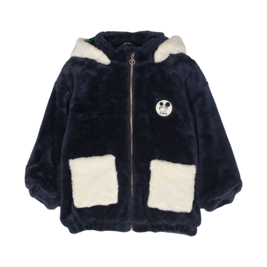 (키즈) 미니 로디니 슬로건 포우 퍼 자켓 네이비 블루 화이트((Kids) Mini Rodini Slogan Faux Fur Jacket Navy Blue White)